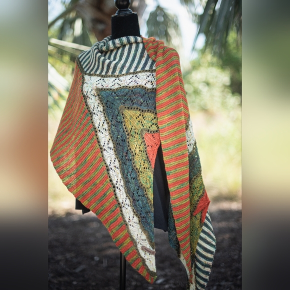 Shawl Large Striped Lace Green Red Yellow Hand Knit Wrap - Picture 6 of 15